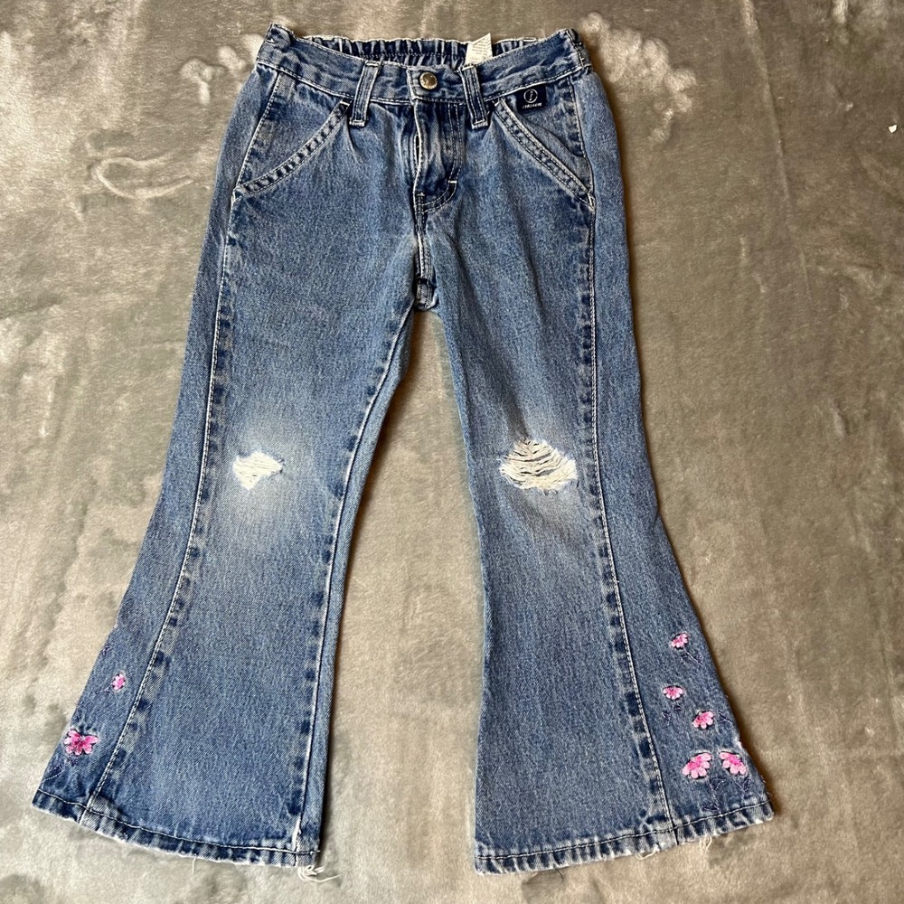 Jordache Girls Flare Jeans Distressed Floral Embroidered Light Wash Size 5